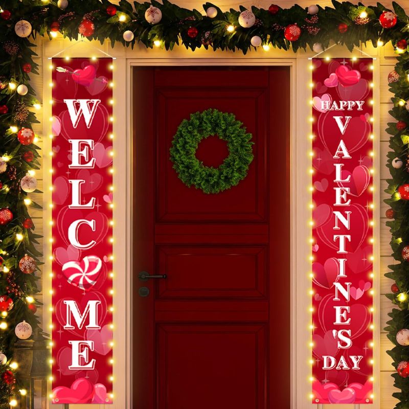 Photo 1 of 2PCS Lighted Valentine's Decorations Door Banners Valentine's Day Decor Love Heart Porch Signs for Home Indoor Outdoor Party Supplies(with Lights,70.8x12 Inch)
