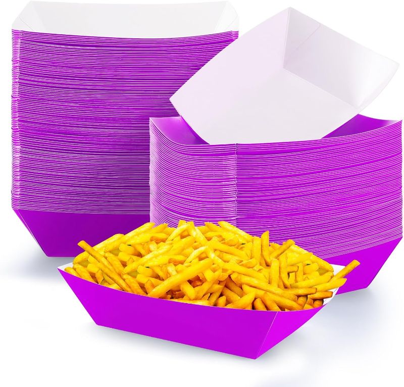 Photo 1 of 100 Pcs Paper Food Trays Boat Disposable Nacho Trays Kraft Paper Boat for Tacos Concession Halloween Christmas Party Supplies (Purple, White,3 lb)
