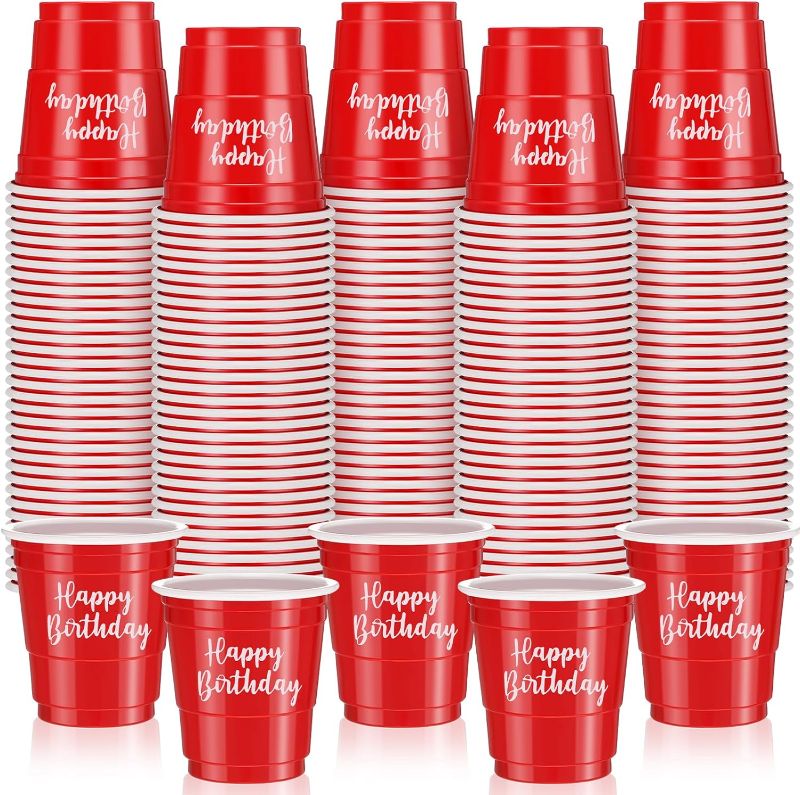 Photo 1 of 100 Pcs Happy Birthday Plastic Shot Glasses 2oz Disposable Shot Cups for Party Mini Drinking Cups for Birthday Wedding Party Favors Tasting Serving Snacks Samples(Red)

