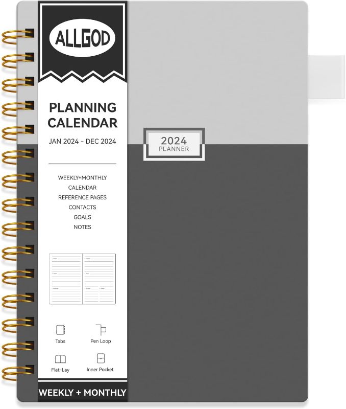 Photo 1 of  2024 Planner Daily Weekly and Monthly Spiral Bound, Jan.2024 - Dec.2024, Yearly Agenda 2024 Calendar 12 Month Planner Book with Monthly Tabs, Pockets, Pen Loop, 8.5"×6" (Grey)
2 PACK 