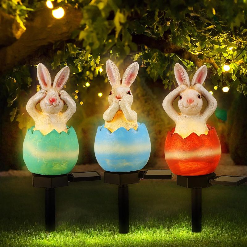Photo 1 of 3 Pcs Easter Rabbit Solar Light Cute Yard Decoration Lamp Decor Bunny Outdoor Figurine Lights Waterproof Resin Rabbit Statue with LED Lights Lawn Light Stakes for Patio Pathway Landscape
