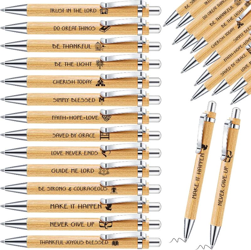 Photo 1 of 56 Pcs Bible Verse Bamboo Pens Bulk Inspirational Quotes Ballpoint Pens Christian Retractable Pens Black Ink Motivational Religious Gifts for Church Office School Supplies Journal Writing
