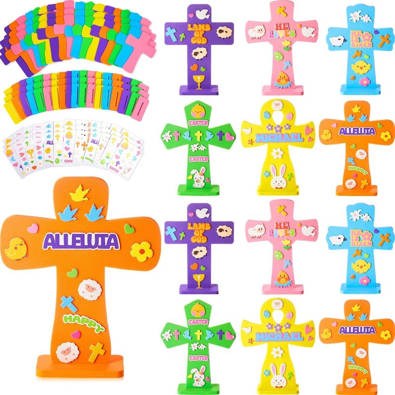 Photo 1 of 48 Sets Easter Crosses Craft for Kids Include 48 Pcs EVA Foam Crosses 48 EVA Foam DIY Art Card Sticker for Decorations Cross Ornament Home Easter School Class Party Game Favors
