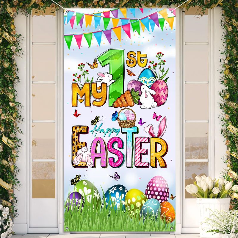 Photo 1 of Happy Easter 1st Door Cover Some Bunny is One Door Banner Eggs Easter First Birthday Front Door Decorations for Indoor Outdoor Spring Easter Holiday Party Decor
