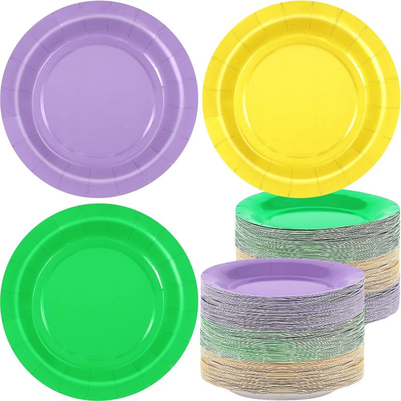 Photo 1 of 180 Pieces Mardi Gras Plates 7 Inches Neon Party Plates 3 Colors Dessert Paper Plates Purple Party Favors
