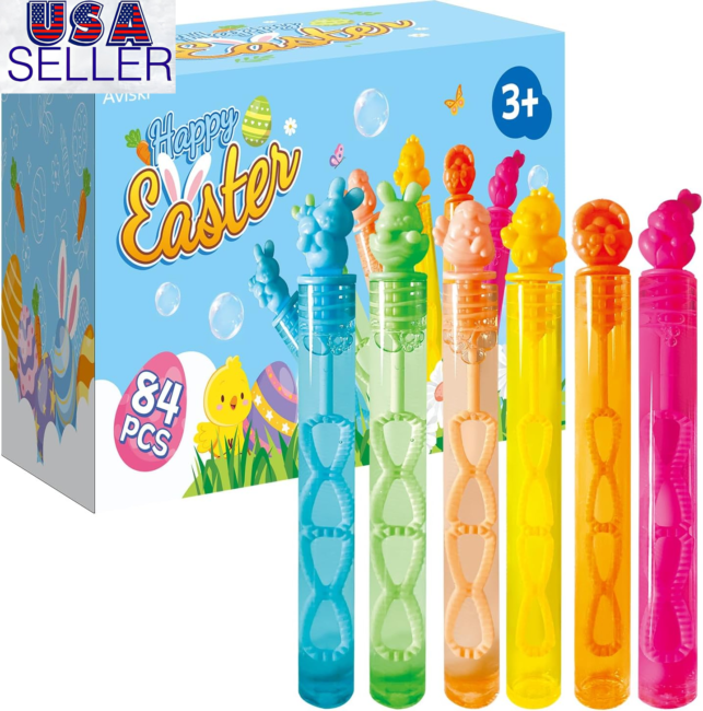 Photo 1 of 84 PCS Easter Day Bubble Wands, Mini Bubble Wands for Party Favors, Easter Colorful Gift Toys for Girls Boys Kids Toddler Adults, Party Bag Stuffers Goodie Bag Filler, Classroom Prizes