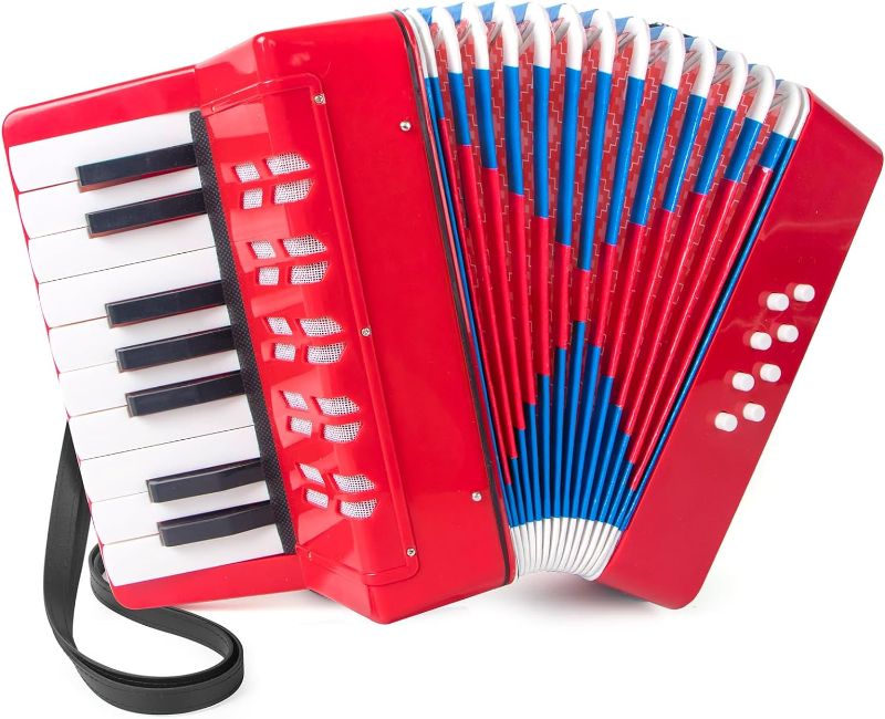 Photo 1 of Accordion, 17 Keys Piano Accordion for Kids 8 Bass with Straps for Beginners Student Educational Musical Instrument (Red)
