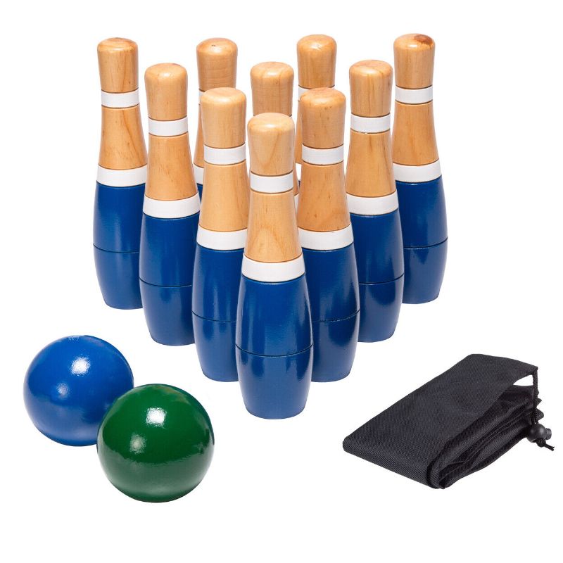 Photo 1 of 8 Inch Wooden Lawn Bowling Set With Mesh Bag 10 Pins Backyard Family Game
