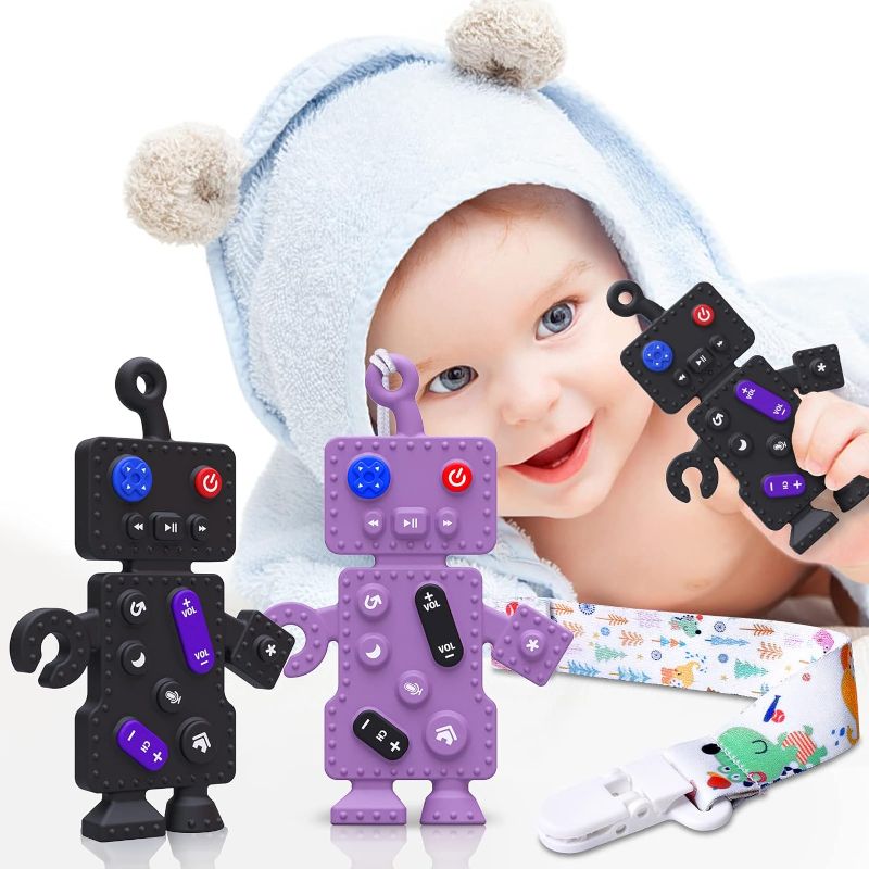 Photo 1 of 2 Pack Silicone Baby Teething Toys-Teething Toys for Babies 6-12 Months, Robot Remote Control Teething Toys, Chew Toys for Boys and Girls Teether Early Educational Sensory Toy?Black & Purple?
