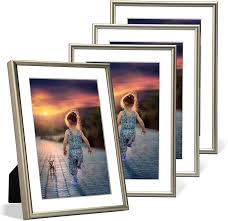 Photo 1 of 4x6 Picture Frame Set of 4, Brown Simple Modern Brushed Thin Aluminum Metal Photo Frame Fits 3x5 with Mat or 4 x 6 without Mat Vertical and Horizontal for Tabletop and Wall Mounting
