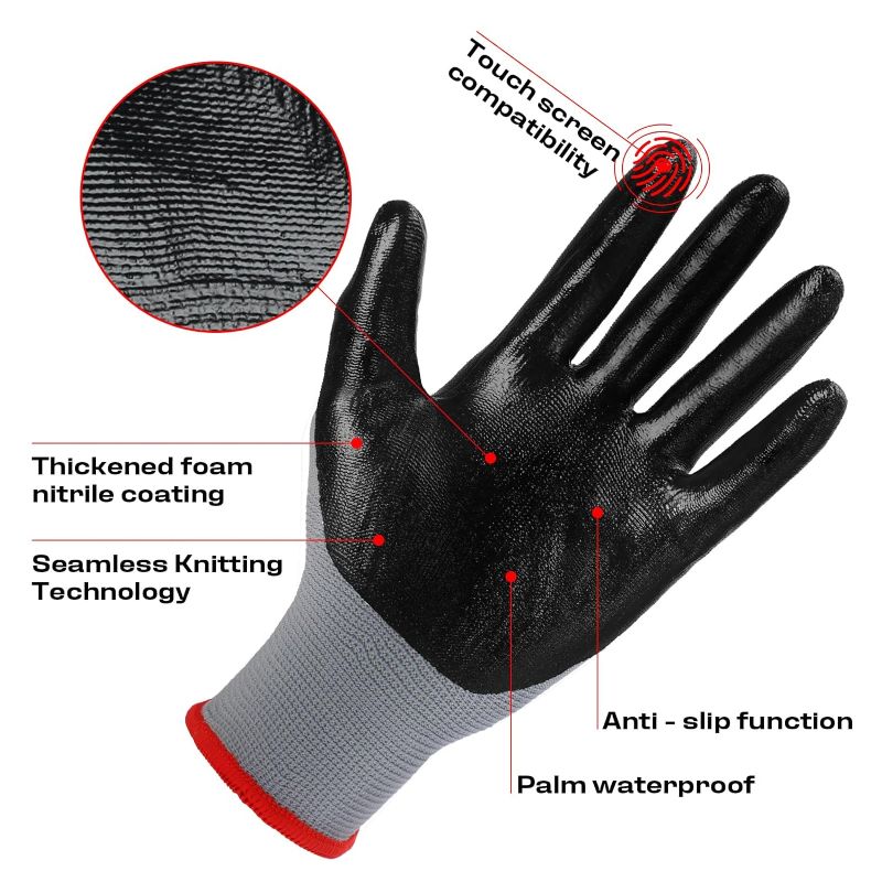 Photo 1 of Safety Work Gloves with Nitrile Coating-Waterproof Palm;Touchscreen Compatible,US Patent,Superior Dexterity;Seamless Knit Non-slip Oil Resistant Working Gloves for Men and Women, Large 24 pack
