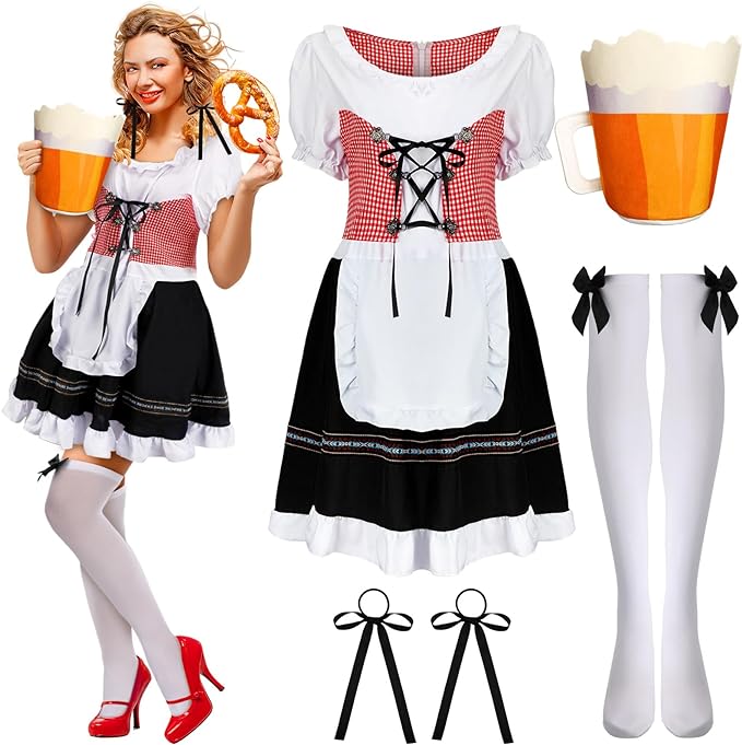 Photo 1 of 5 Pcs Women's Oktoberfest Costume Set Bavarian German Dirndl Dresses Beer Mug Bag Stockings 2 Hair Ties for Halloween
