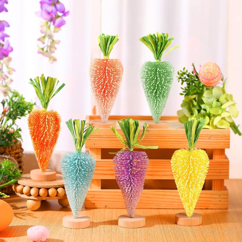 Photo 1 of 6 Pcs Spring Easter Decor Carrot Decorations Vintage Carrot Tabletop Decor Thick Brush Like Standing Carrots with Wooden Base for Easter Party Table Accessories, 6.69 x 2.17 Inch (Multicolor)
