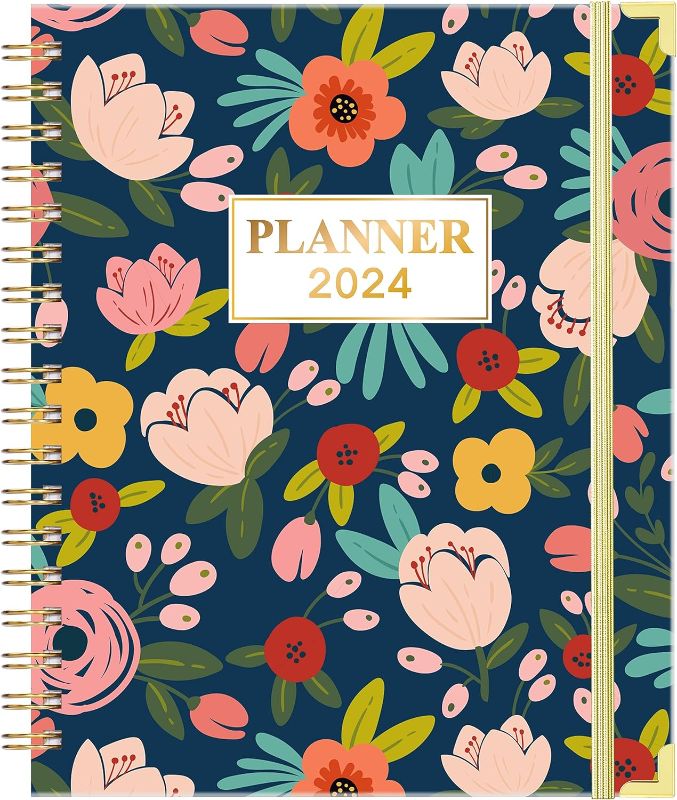 Photo 1 of 2024 Planner - Large Planner 2024, Weekly & Monthly with Tabs, 8" x 10", January 2024 - December 2024, Hardcover with Back Pocket + Twin-Wire Binding + 15 Notes Pages + Inner Pocket - Navy Floral
