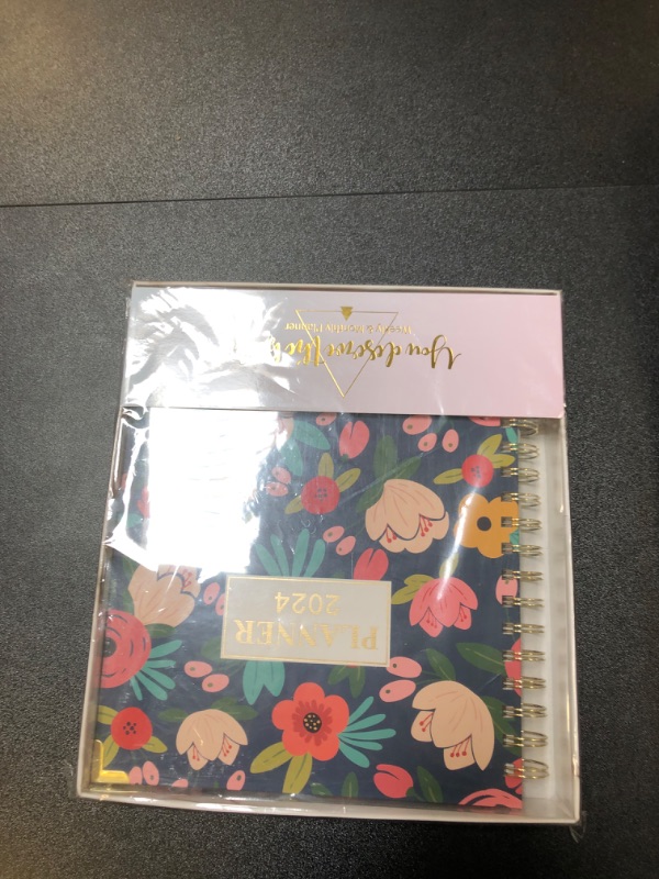 Photo 2 of 2024 Planner - Large Planner 2024, Weekly & Monthly with Tabs, 8" x 10", January 2024 - December 2024, Hardcover with Back Pocket + Twin-Wire Binding + 15 Notes Pages + Inner Pocket - Navy Floral
