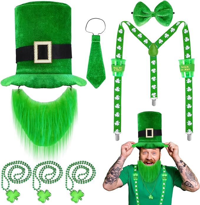 Photo 1 of 10 Pcs St. Patrick's Day Accessories Leprechaun Costume Adult Saint Patricks Day Party Accessories Hat Beard Suspenders Bow Shamrock Necklaces Tie
