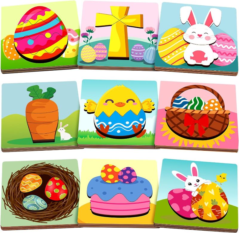 Photo 1 of 9 Pack Easter Wooden Puzzles Include Easter Bunny Egg Baskets Cross Carrot and Other Patterns for Kids Toddlers Easter Gifts Educational Preschool Toys
