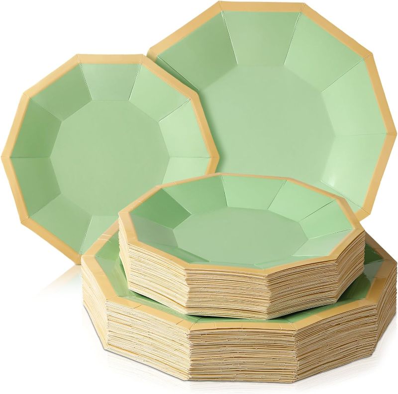 Photo 1 of 120 Pcs Sage Green Disposable Plates Green Paper Plates for Party Decagon Shape Dessert Plates Bulk 9'' 7'' Disposable Paper Plates Set Decoration for Wedding Engagement Bridal Shower
