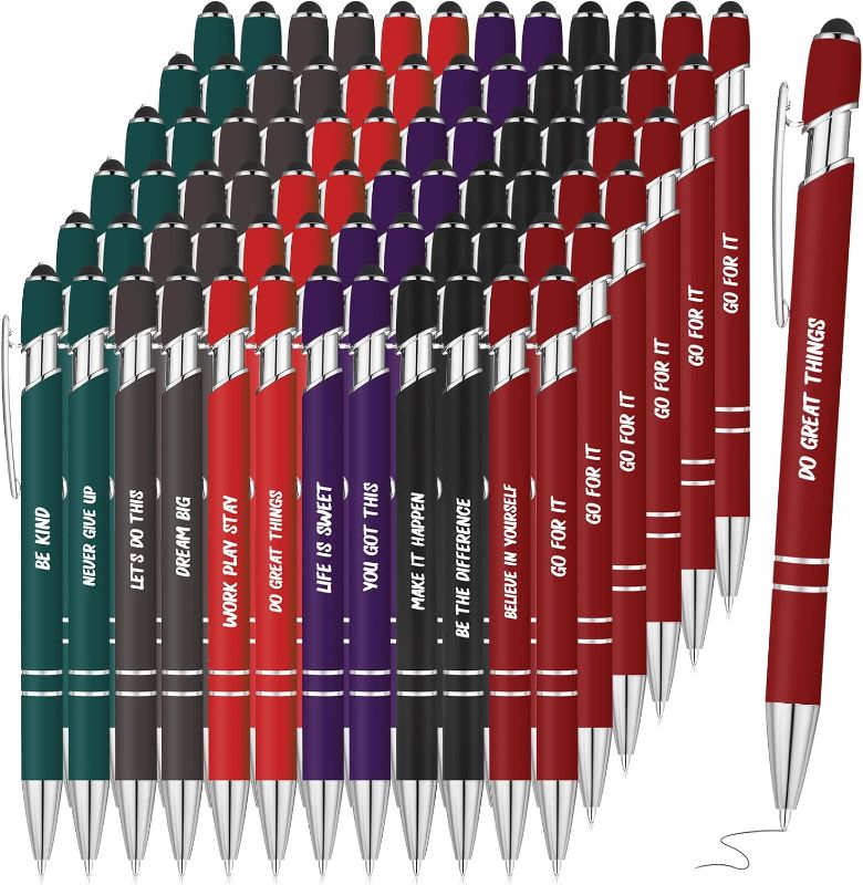 Photo 1 of 72 Pcs Inspirational Ballpoint Pens Employee Appreciation Gift Pen Black Ink Motivational Quote Pens Bulk Metal Pen with Stylus Tip for Writing Women Men School Office Supplies(Dark Color)
