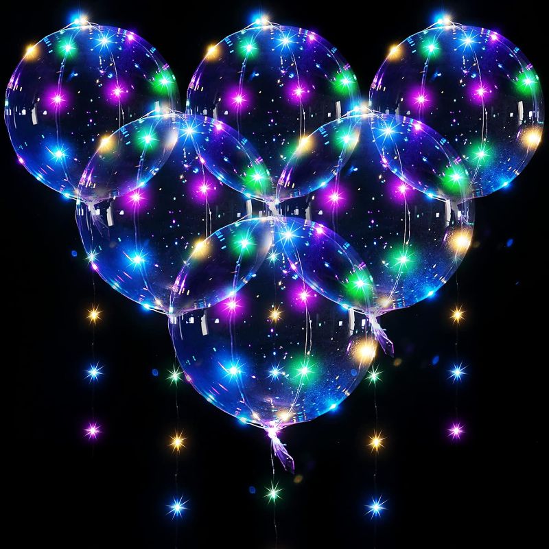 Photo 1 of 6 Pack Christmas LED BoBo Balloons with Colorful String Lights, 20 in Lighted Clear Balloons Transparent Helium Bubble Balloons for Party Decorations
