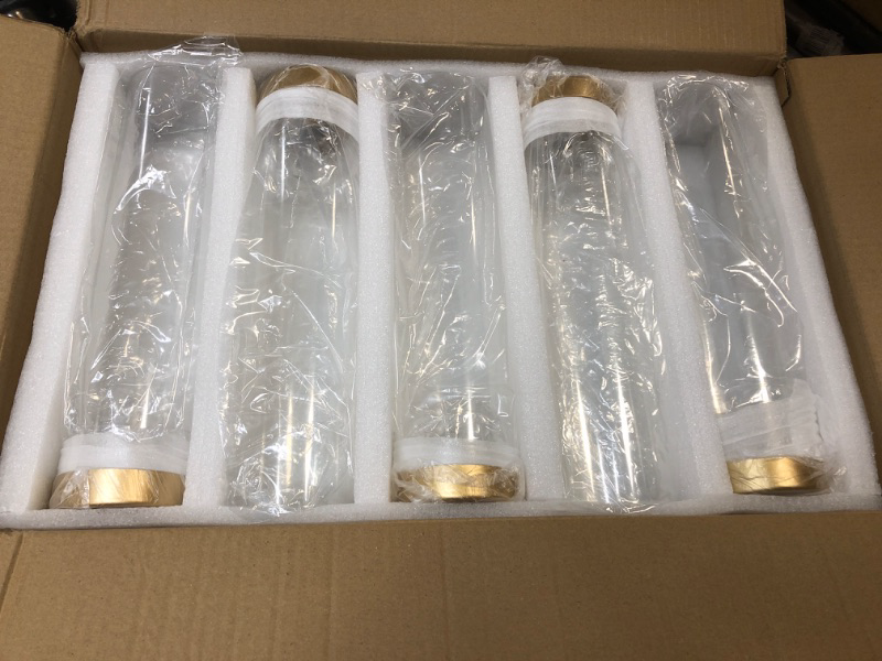 Photo 1 of NUPTIO Hurricane Glass Candlestick Holders: 10 Set Bulk Gold Taper Candle Holder Metal Candle Stick Stand with 11.81 inch Tall Windproof Clear Seelves for Outdoor & Indoor Wedding Party Holiday Decor 11.81"H - 10 Pcs Gold