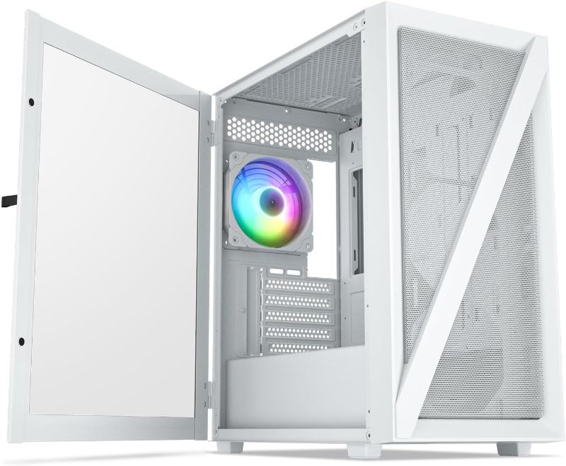 Photo 1 of Vetroo M05 Micro ATX Computer PC Case with Door Open Tempered Glass Side Panel & Mesh Front Panel, Pre-Installed 120mm ARGB Fan in Rear, Support 240mm Radiator, Type-C Port - White
