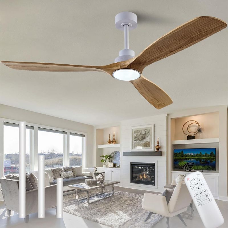 Photo 1 of 60" Wood Ceiling Fan with Lights Remote Control,Quiet DC Motor 3 Blade Ceiling Fans for Patio Living Room, Bedroom, Office,Indoor Outdoor(Raw wood+White)
