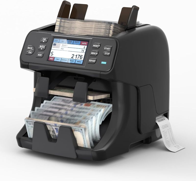Photo 1 of MUNBYN 2-Pocket Money Counter Machine Mixed Denomination, Money Sorter, Built-in Printer, Sort on DENOM/FACE/ORI, Value Counting, 2 CIS/UV/MG/IR Counterfeit Detection, Touch Screen, 2Y Protection
