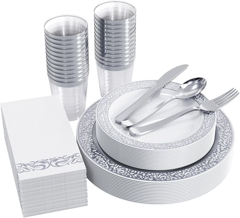 Photo 1 of 175 Piece Silver Dinnerware Set 25 Guest-50 Silver Lace Plastic Plates-25 Silver Plastic Silverware-25 Silver Plastic Cups-25 Silver Paper Napkins, FOCUSLINE Disposable Dinnerware Set
