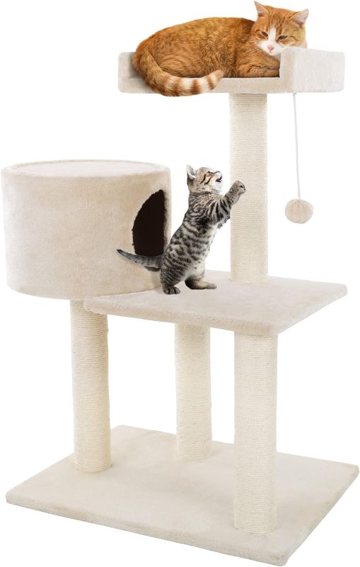 Photo 1 of 3-Tier Cat Tower - 2 Napping Perches, Cat Condo, 4 Sisal Rope Scratching Posts, Hanging Toy – Cat Tree for Indoor Cats and by PETMAKER (Beige)
