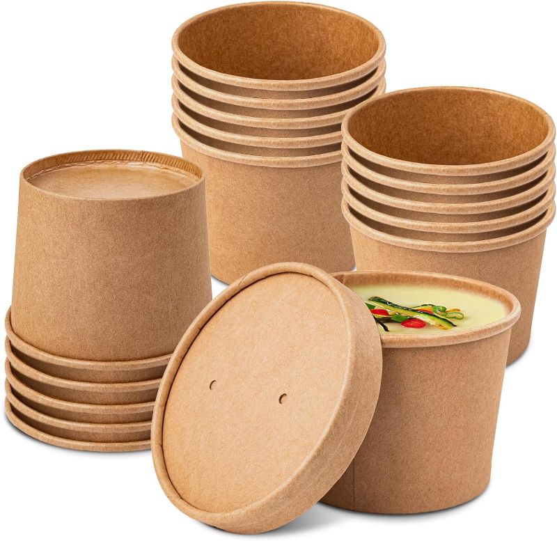 Photo 1 of [50 Pack Soup Containers with Lids, Disposable and Biodegradable Containers Kraft 12oz Paper Soup Bowls with Lid for Hot Drinking, Food, Ice Cream (50sets, 12 oz)
