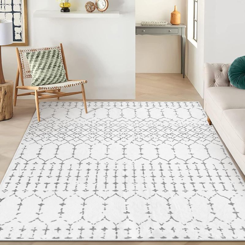 Photo 1 of Lahome Moroccan Living Room Area Rug - Washable Rugs 5x7 Non-Slip Soft Throw Rugs for Bedroom White Lightweight Large Rug, Modern Geometric Print Low-Pile Capet for Classroom Office Dining Room
