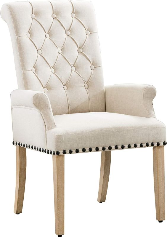 Photo 2 of Restworld Fabric Arm Dining Chair,Tufted Upholstered High Back Nailed Trim with Untique Oak Wood Legs for Kitchen Restaurant Room Bedroom (Ivory Brown)