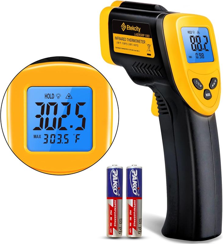 Photo 1 of Etekcity Infrared Thermometer Temperature Gun for Pool Refrigerator, -58°F to 1130°F, Digital Heat Gun for Cooking Meat Pizza Oven, Laser Tool for Indoor Outdoor Candy, Griddle, Yellow
