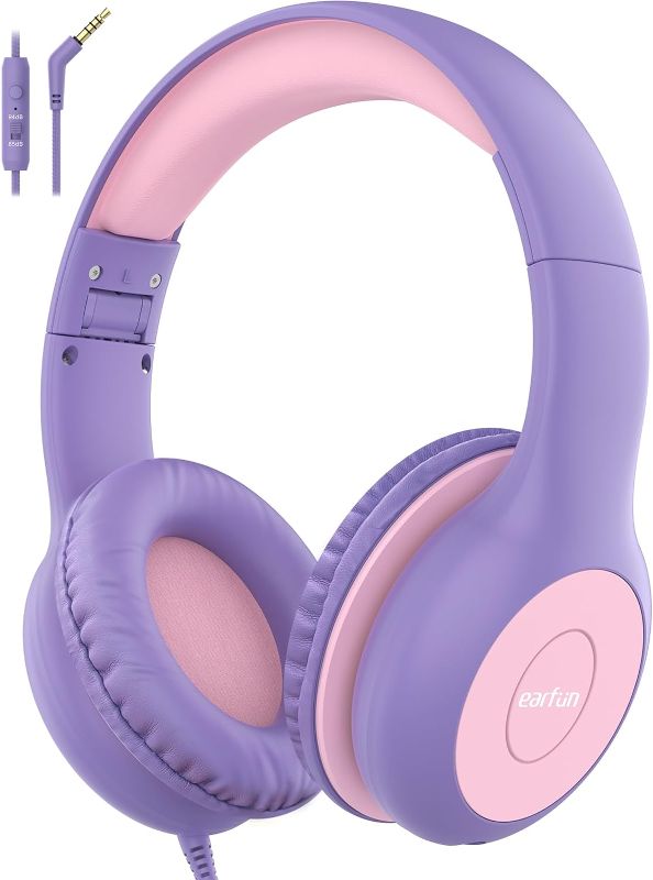 Photo 1 of EarFun Kids Headphones Wired with Microphone, 85/94dB Volume Limit Headphones for Kids, Portable Wired Headphones with Shareport, Stereo Sound Foldable Headset for School/Tablet/iPad, Violet Pink
