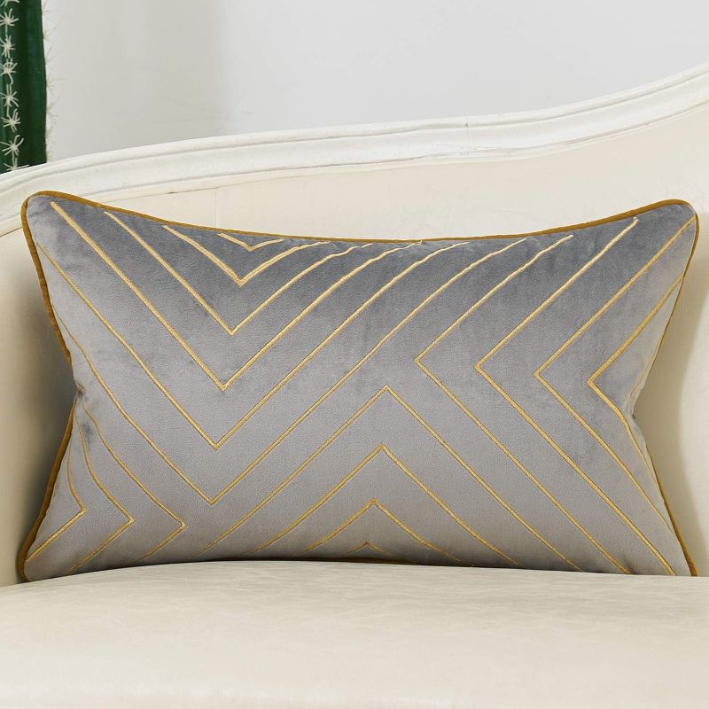 Photo 1 of Avigers 12 x 20 Inch Grey Gold Striped Geometric Lines Embroidery Velvet Cushion Case Luxury Modern Lumbar Throw Pillow Cover Decorative Pillow for Couch Living Room Bedroom Car 30 x 50cm
