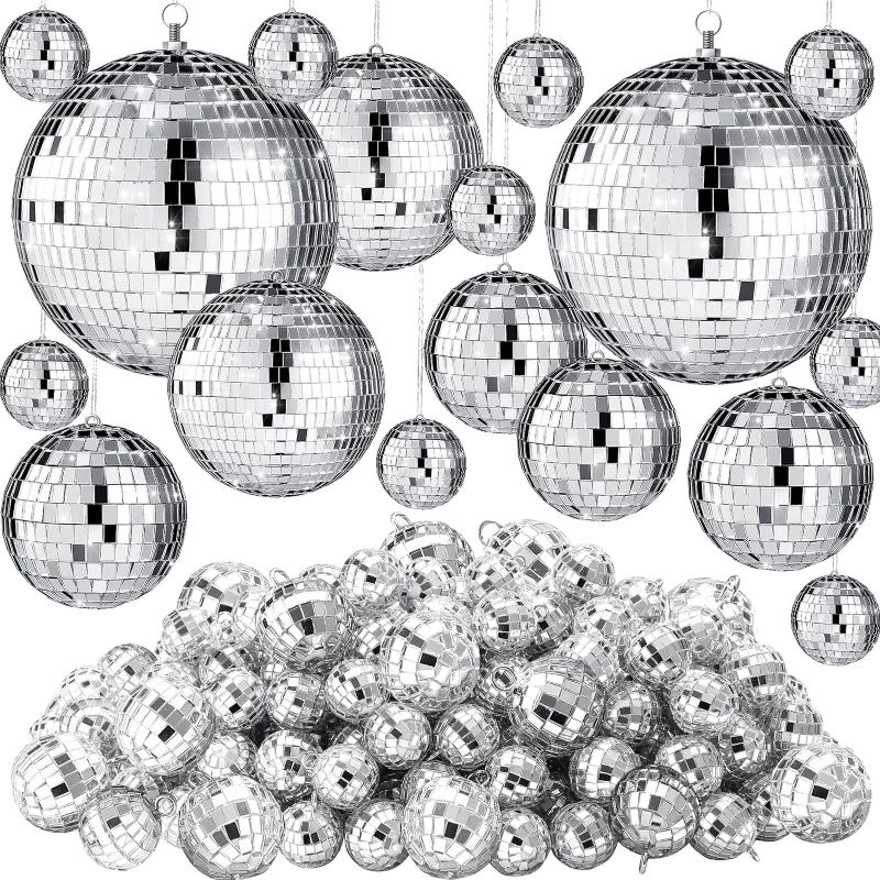 Photo 1 of 200 Pcs Mirror Disco Balls Ornament Mardi Gras Mini Small Silver Disco Ball Hanging Decorations Reflective Ball for 70s Disco Themed Party Christmas Tree Birthday Wedding(8, 6, 4, 3, 2, 1 Inch)
