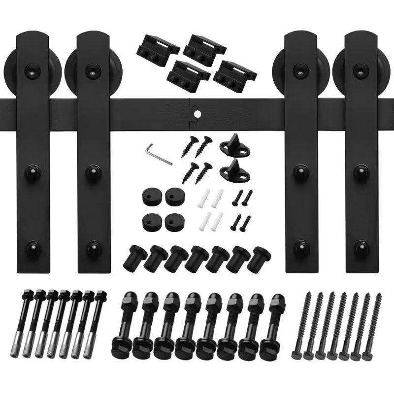 Photo 1 of -FACTORY SEALED- 12 ft./144 in. Black Steel Straight Strap Sliding Barn Door Track and Hardware Kit for Double Doors with Floor Guide
