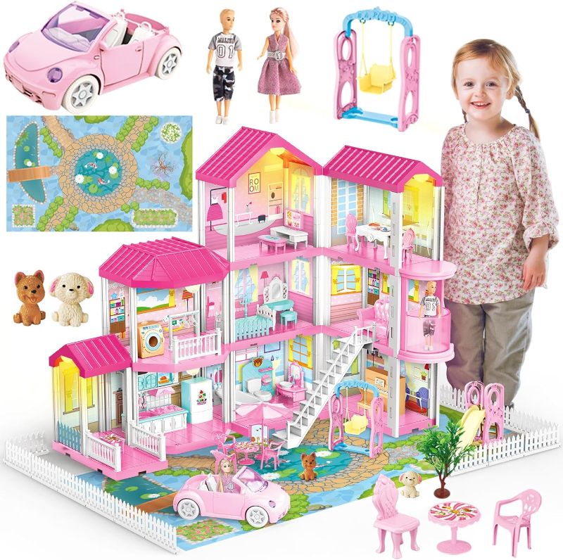 Photo 1 of Doll House Toy, 3-Story 9 Playhouse with Elevator, Car, Light, Swing Chair, Doll, Furniture and Accessories, Dream Dollhouse Pretend Toy Gift for Kids Girl Toddler
