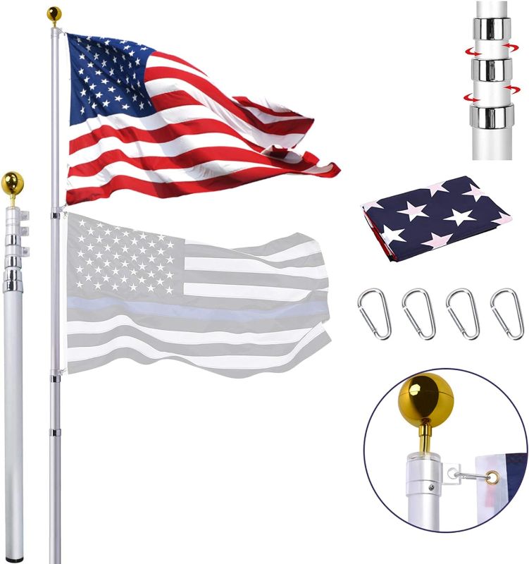 Photo 1 of 20FT Telescopic Flag Pole Kit, Heavy Duty Telescopic Flag Pole for Outside In Ground, Extra Thick Aluminum Telescoping Flag Poles with 3x5 USA Flag for Yard, Residential or Commercial, Silver
