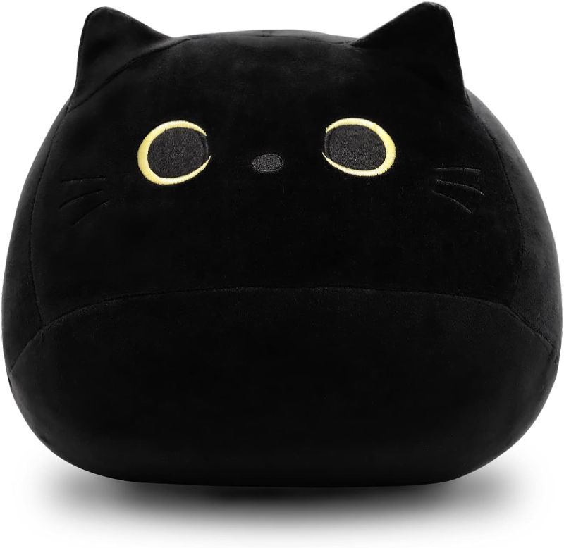 Photo 1 of 3D Black Cat Plush Stuffed Animal Toy Pillow, Fat Plushie, Kawaii Pillows Cat Shape Design Lumbar Back Cushion Decoration
