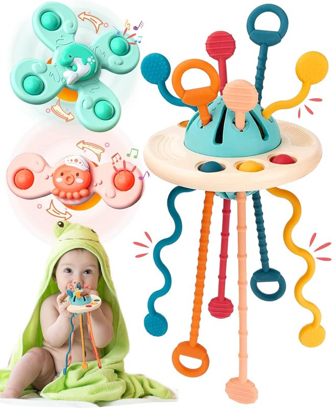 Photo 1 of Baby Sensory Toys, Montessori Toys Toddler Toys Pull String Activity Toy Travel Toys for Babies Suction Cup Spinner Toys for Baby Boys Girls Birthday
