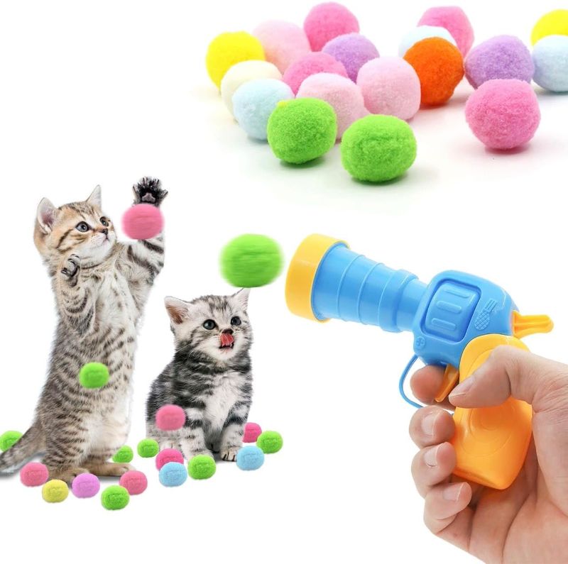 Photo 1 of Cat Teaser Toy Ball, 1 Toy Launcher, 20 Pcs Launch Ball Interactive Toy, self hi Toy, Soothing Silent Ball, Silent Plush Elastic Ball, bite Resistant cat cat Teaser Stick
