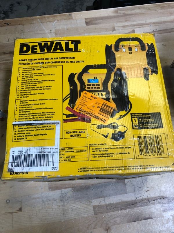 Photo 3 of DEWALT DXAEPS14 1600 Peak Battery Amp 12V Automotive Jump Starter/Power Station with 500 Watt AC Power Inverter, 120 PSI Digital Compressor, and USB Power , Yellow