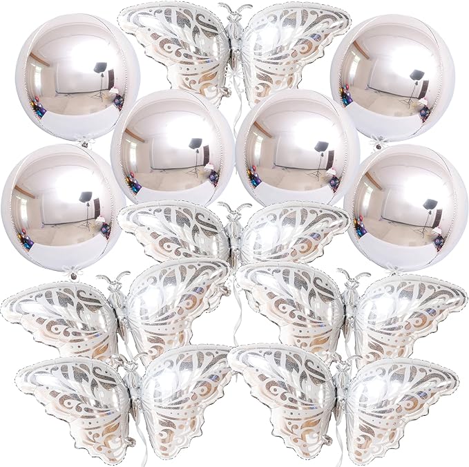 Photo 1 of KatchOn, Huge, Butterfly Silver Foil Balloon - 38 Inch, Pack of 12 | Silver Butterfly Balloons for Butterfly Birthday Decorations | 4D Sphere Silver Metallic Balloons | Butterfly Balloon Garland Kit