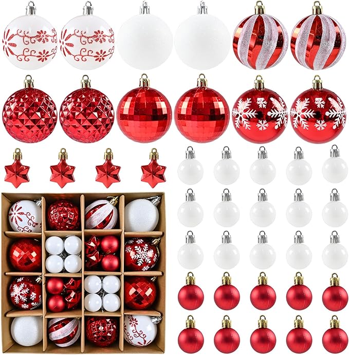 Photo 1 of Christmas Balls Ornaments, 44 Packs Red White Xmas Tree Decoration, Shatterproof Christmas Tree Decorations, Glittering Hanging Ball for Winter Holiday New Year Party Decoration Assorted Sizes
