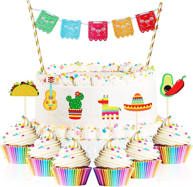 Photo 1 of 43 Pcs Fiesta Cupcake Topper and Picado Banner For Fiesta Party Decorations Mexican cake topper For Mexican Themed Cactus Donkey Taco Pepper Sombrero Mustache Party Decorations (Vivid Style)