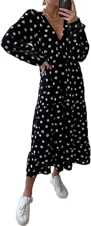 Photo 2 of Gyrans Womens Bohemian Polka Dots V Neck Long Sleeve Maxi Dress Casual Loose Swing Flowy Long Dresses NAVY  LARGE