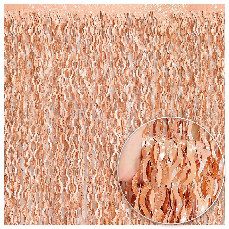 Photo 1 of KatchOn, Wavy Rose Gold Fringe Curtain - XtraLarge 3.2x6.5 Feet, Pack of 1 | Rose Gold Backdrop, Rose Gold Party Decorations, Rose Gold Streamers, Rose Gold Foil Fringe, Bachelorette Party Decorations
