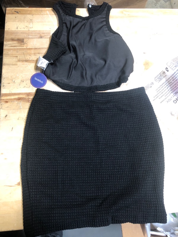 Photo 2 of Sweaty Rocks Women's 2 Piece Outfits Waffle Knit Round Neck Crop Tank Top and Mini Skirt: Black M